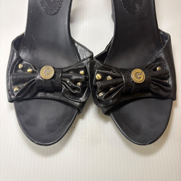 Vintage G By Guess Open Toe Mule/Heels Size 7.5M Leather Bow Gold Accents - Picture 4 of 16